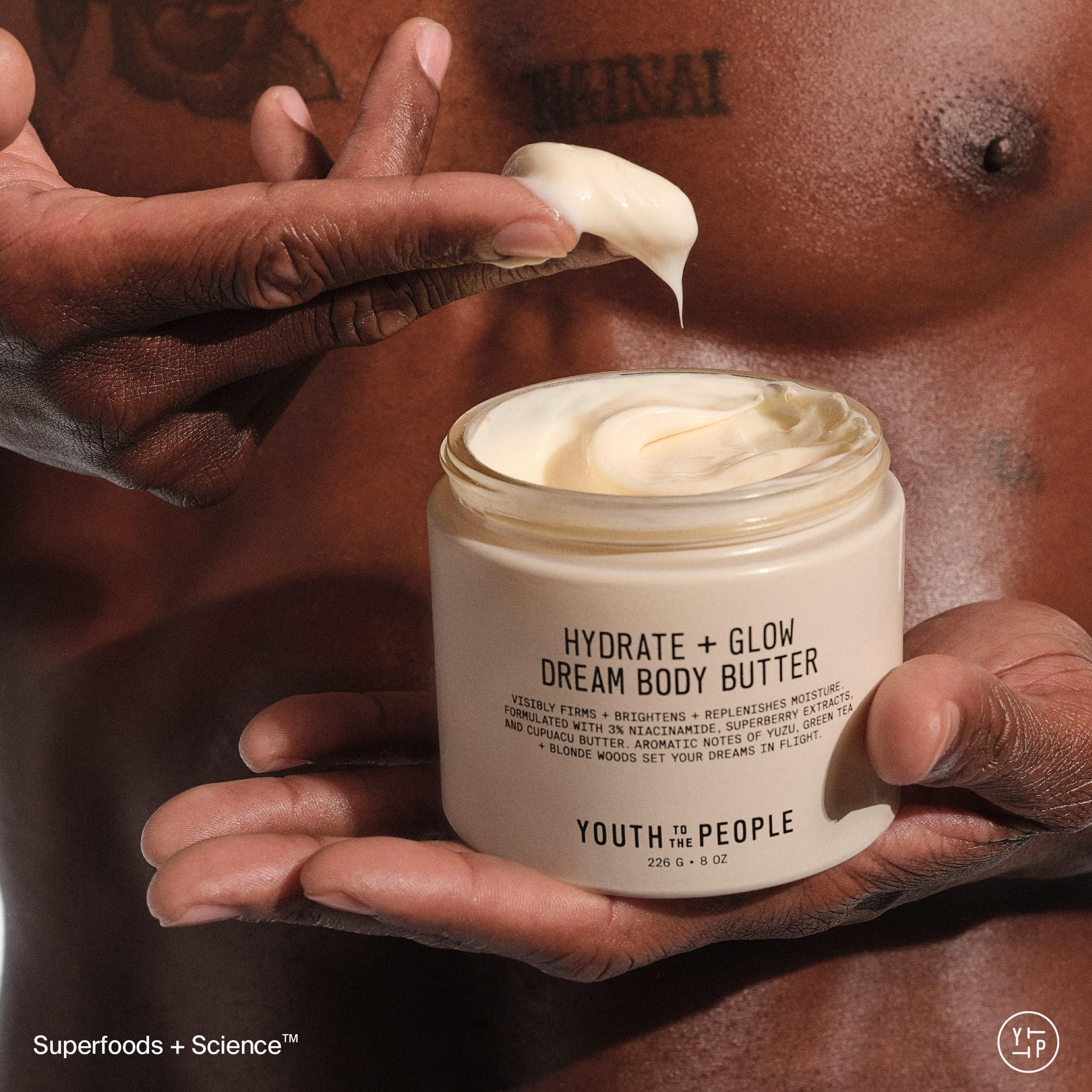 Youth To The People body butter jar with 3% niacinamide label