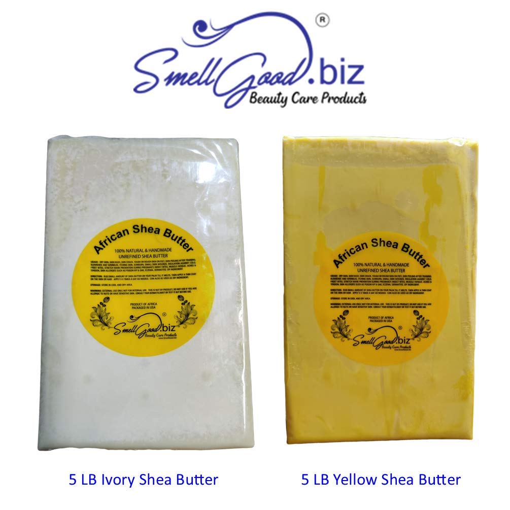 Open tub of SmellGood unrefined shea butter showing creamy consistency