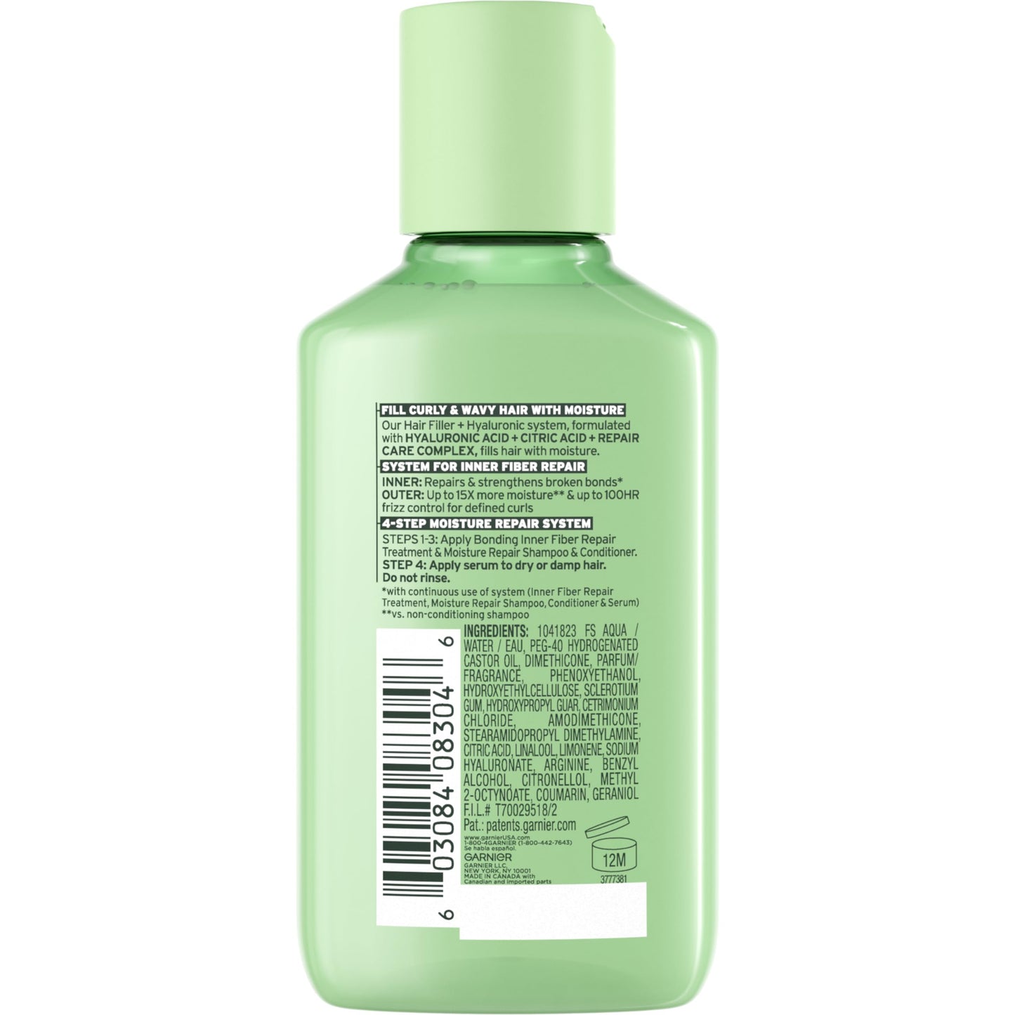 Back label of Garnier moisturizing hair serum with complete ingredients list and usage directions.