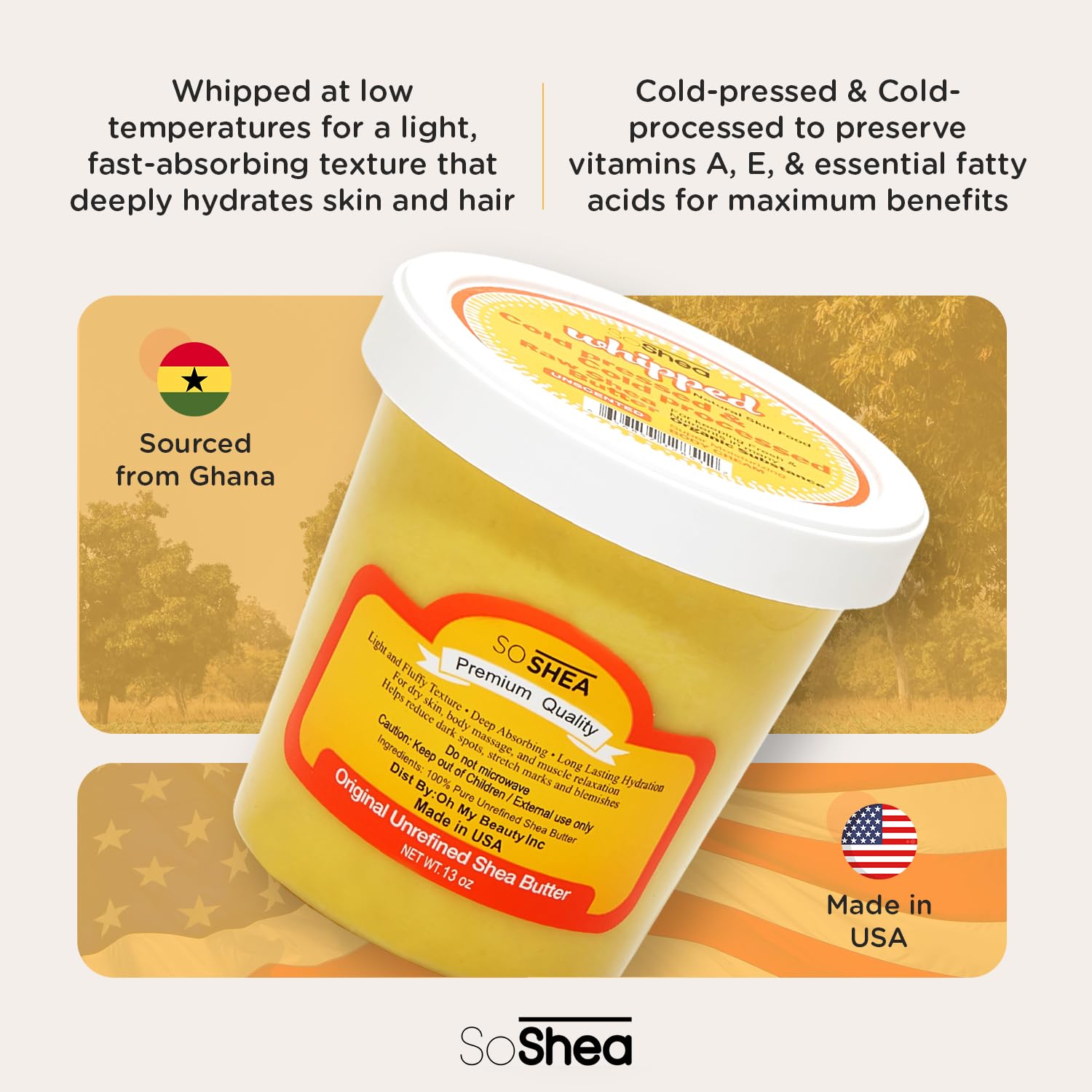 SoShea Whipped Shea Butter Unscented Original yellow tub top view
