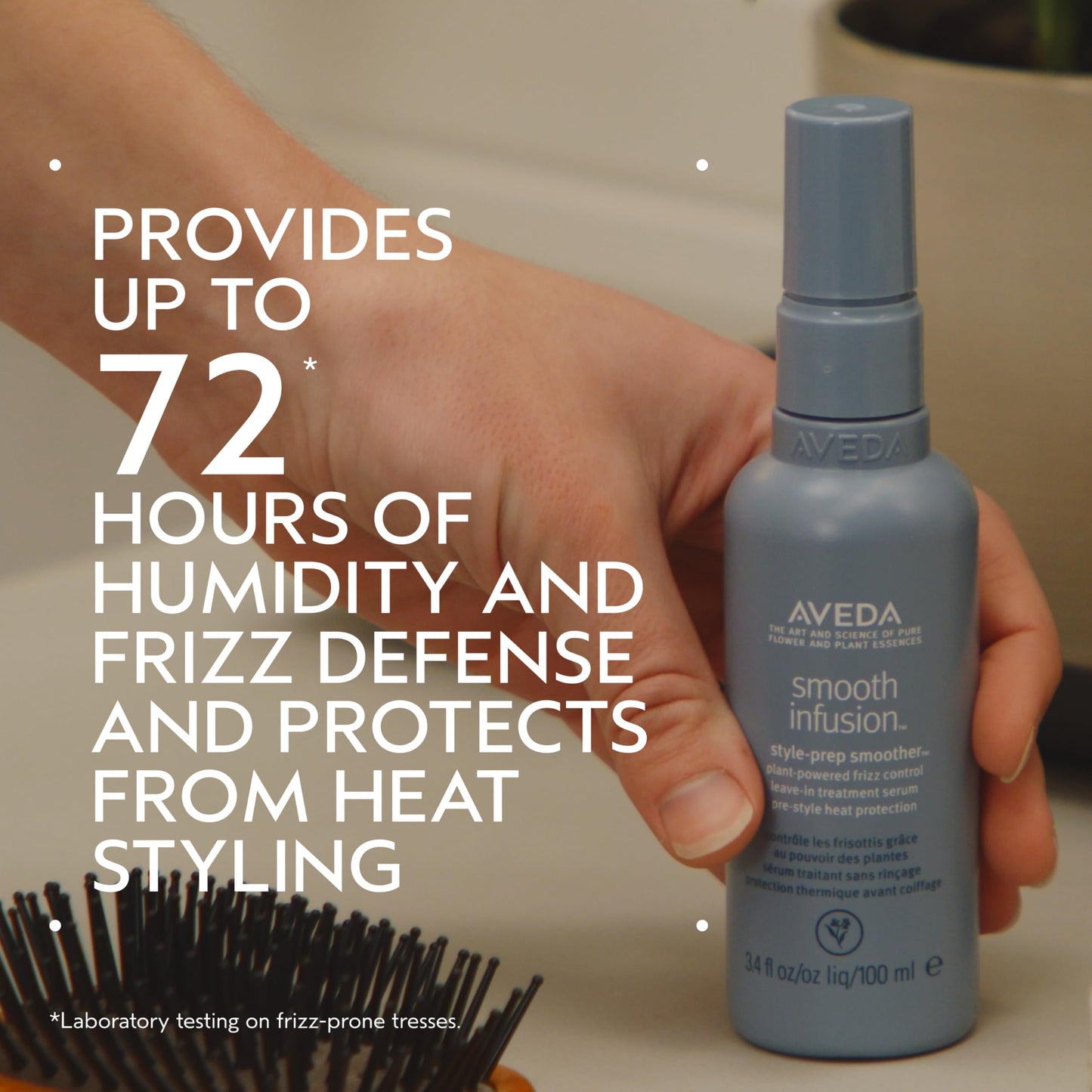 Aveda Smooth Infusion leave in treatment packaging showcasing plant powered ingredients