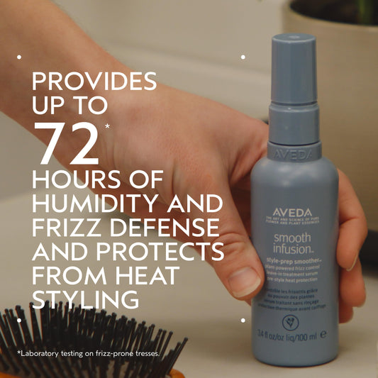 Aveda Smooth Infusion leave in treatment packaging showcasing plant powered ingredients