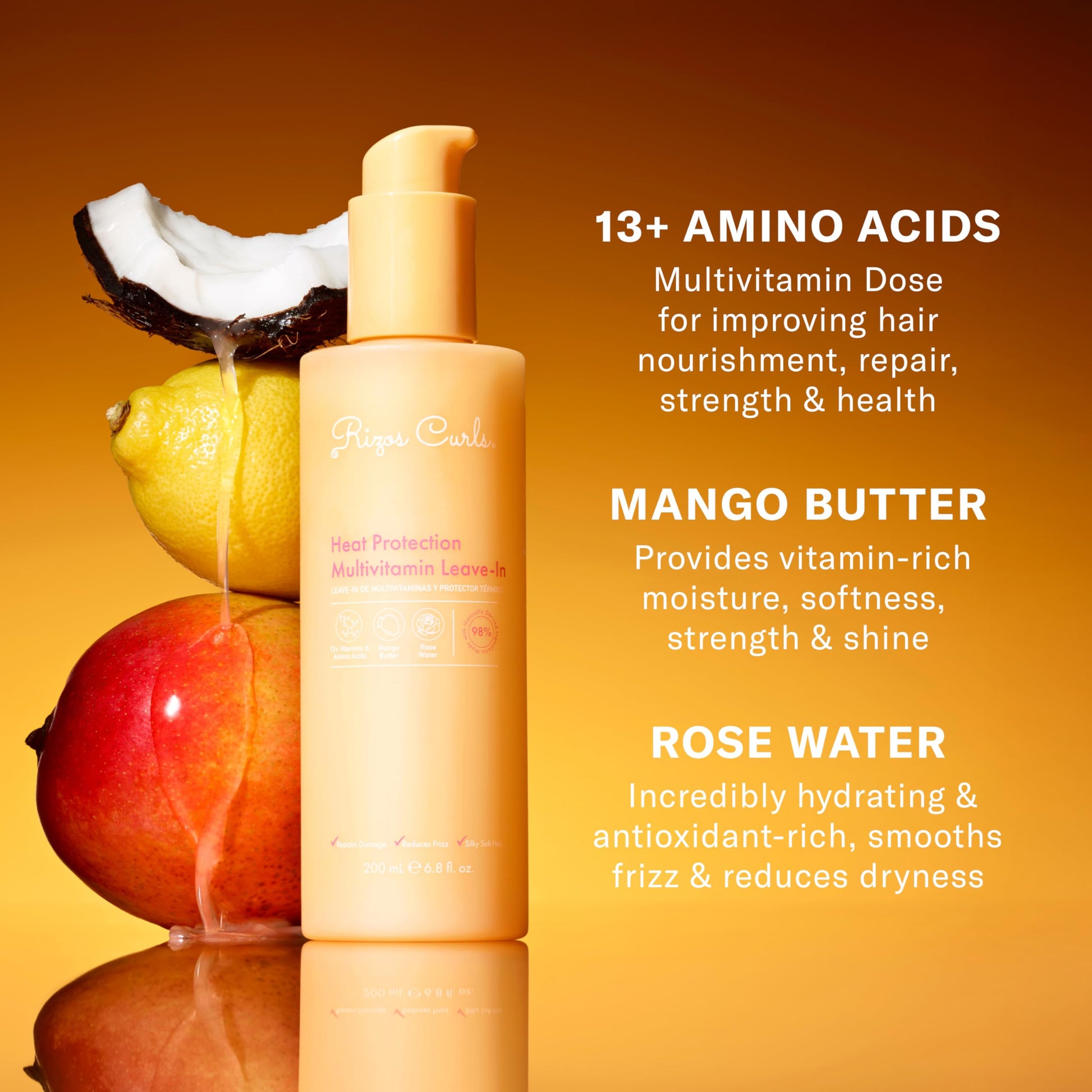 Rizos Curls imported multivitamin hair treatment bottle top view with pump open