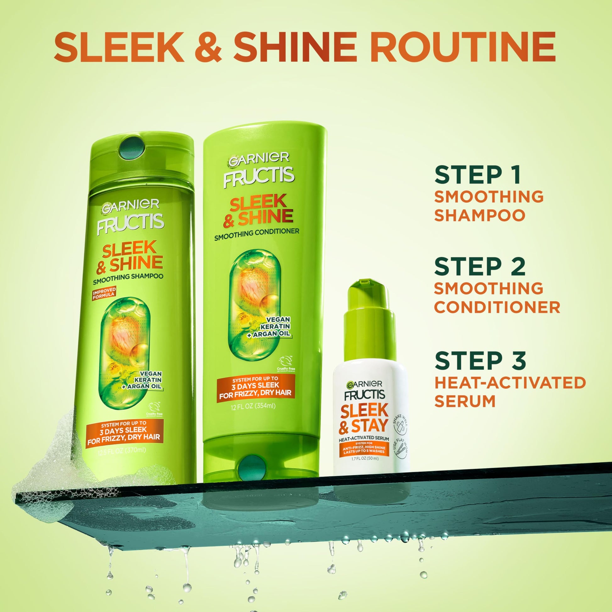 Garnier glassy shine hair serum packaging details and cruelty free certification logo