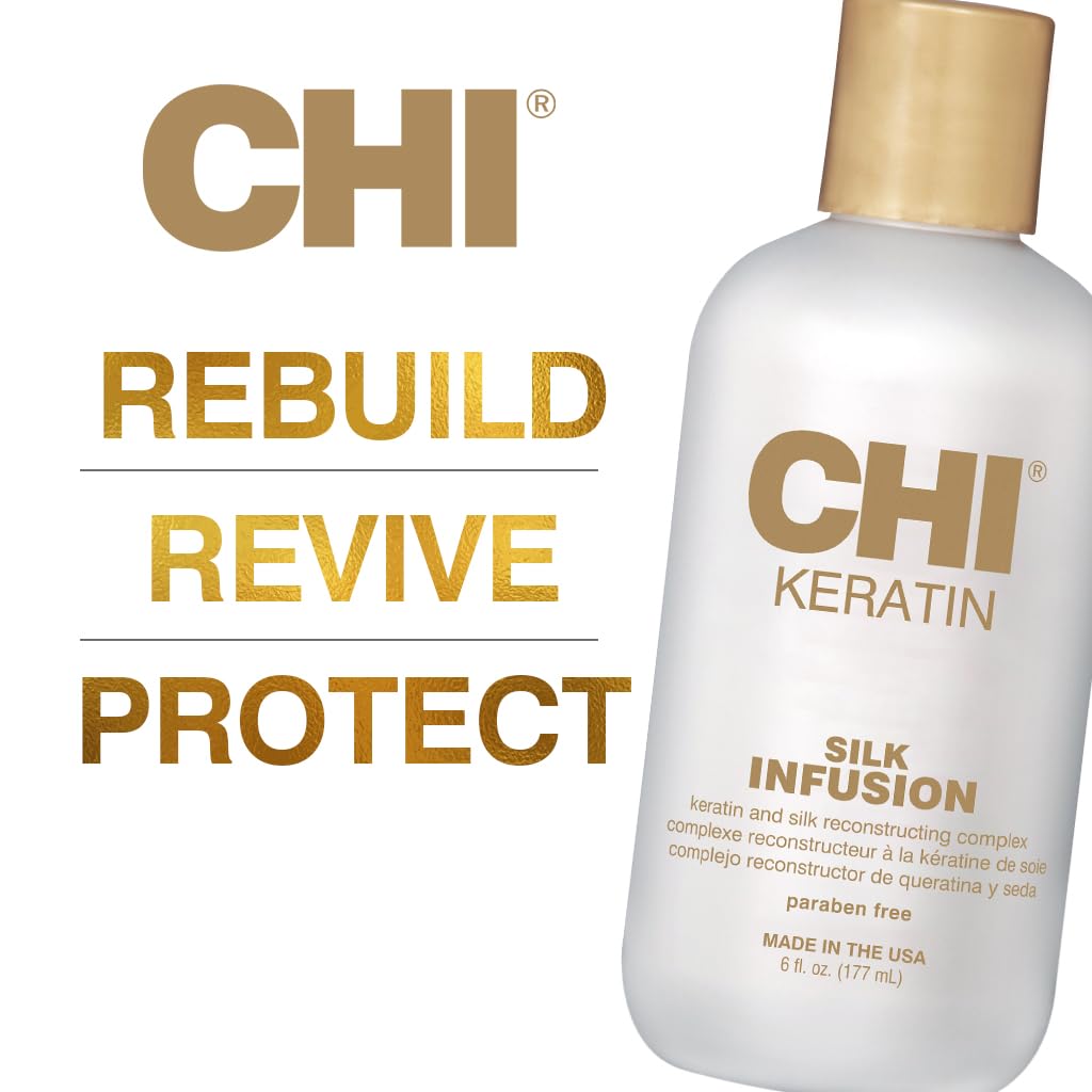 CHI Keratin Silk Infusion bottle showing paraben free and sulfate free labels