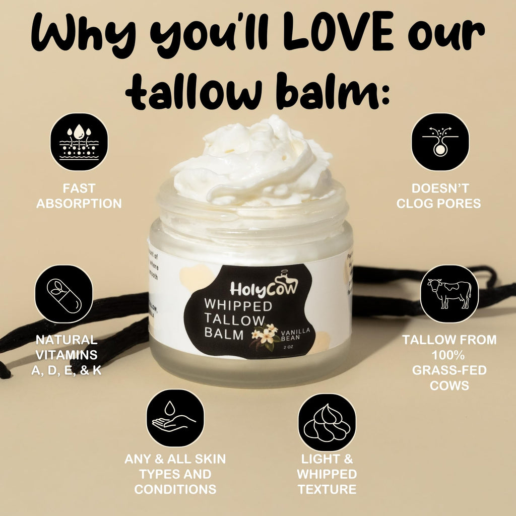 HolyCow grass-fed beef tallow moisturizer jar open showing whipped texture