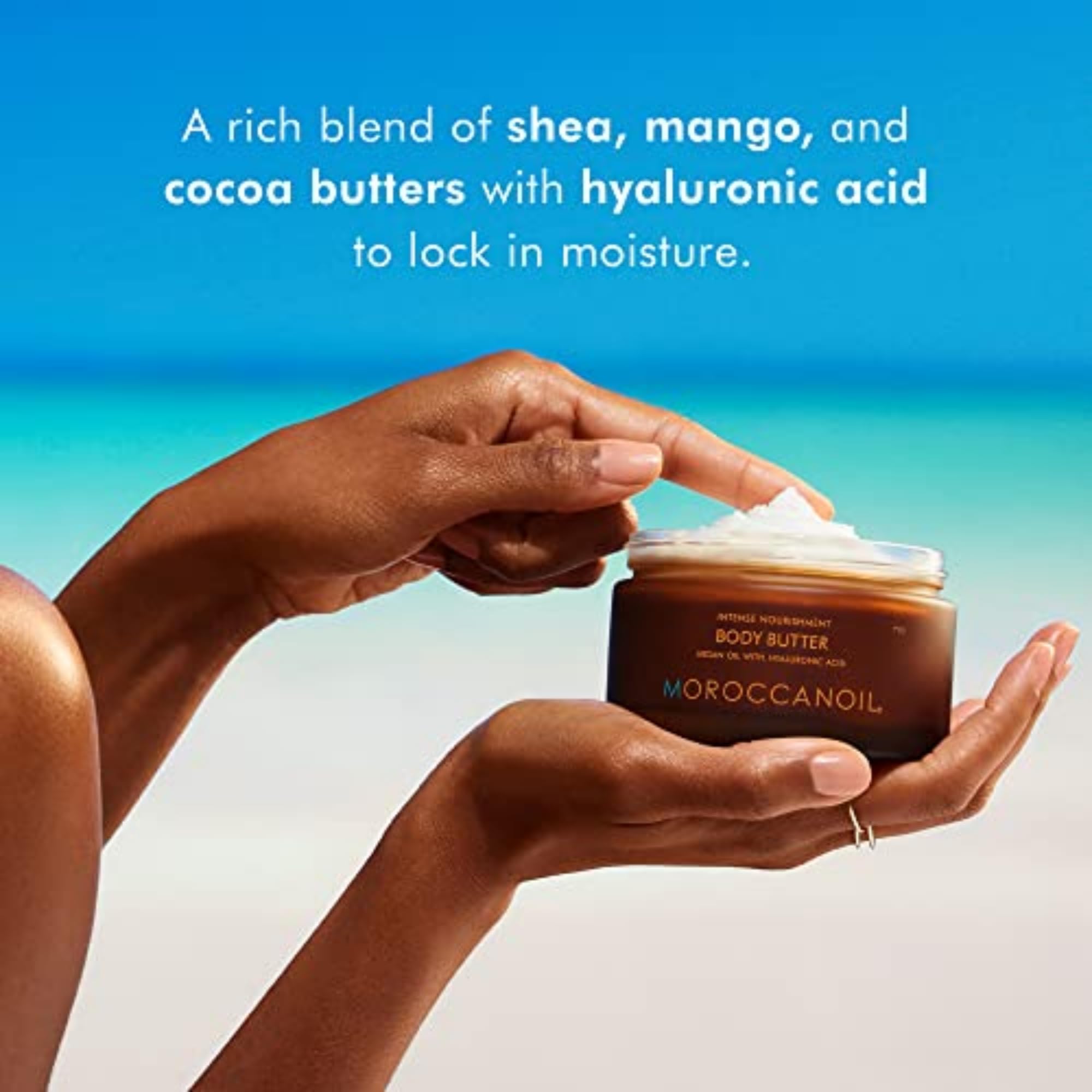 Back of Moroccanoil body butter jar with ingredient list