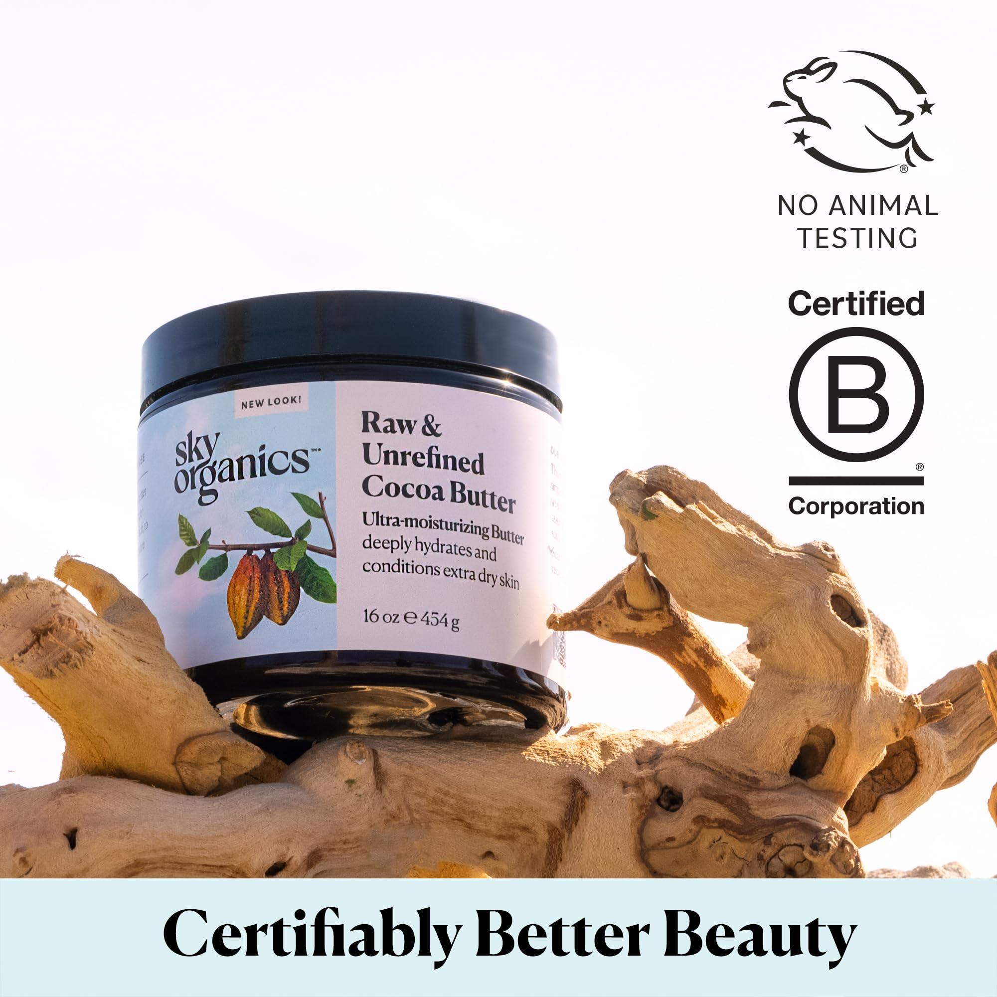 Jar of Sky Organics cocoa butter next to raw cocoa beans