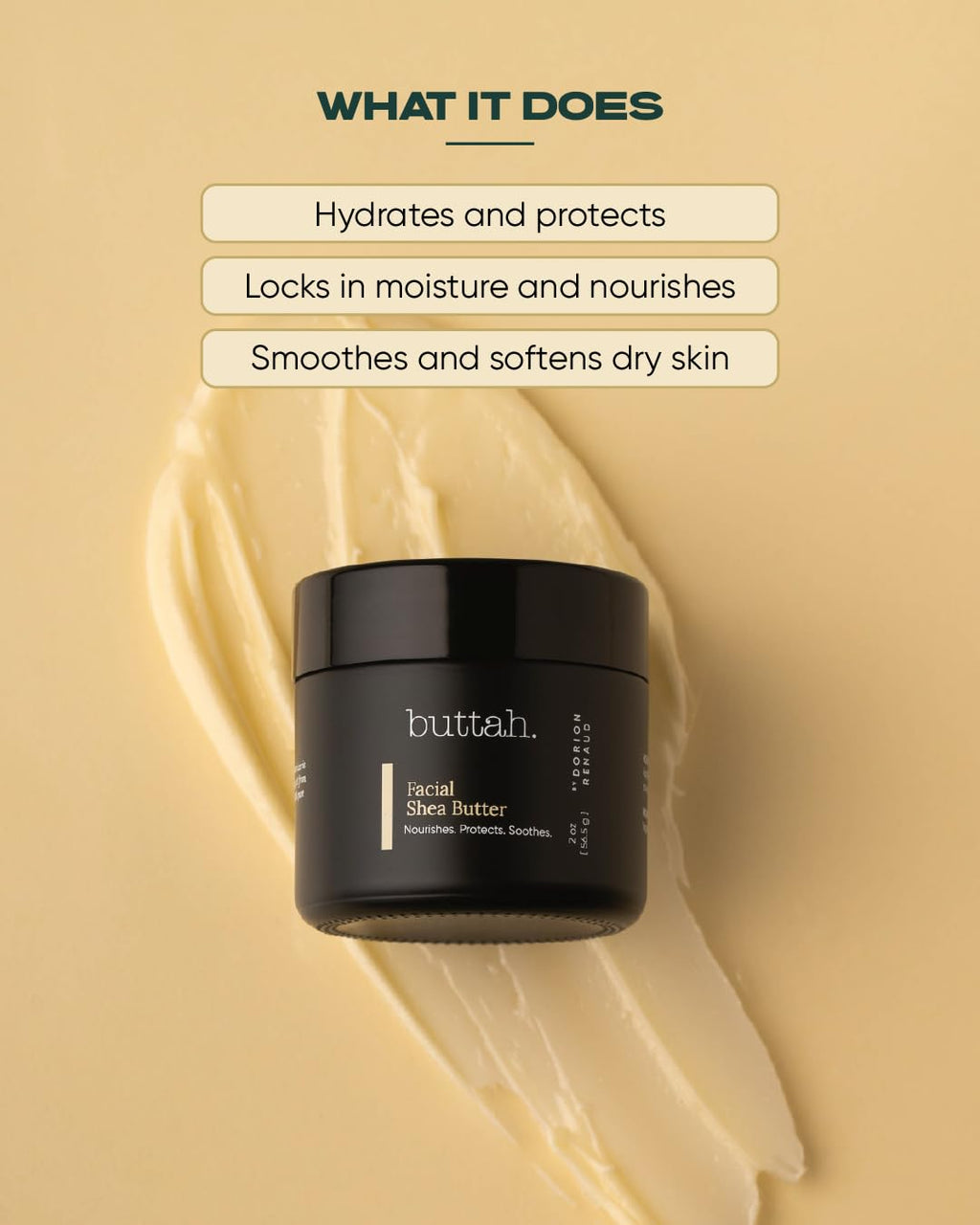 Lifestyle shot of Buttah Skin facial shea butter jar on a bathroom counter