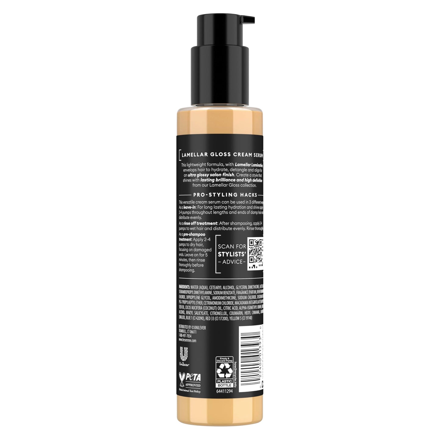 Tresemme hair serum bottle showcasing salon-finish technology