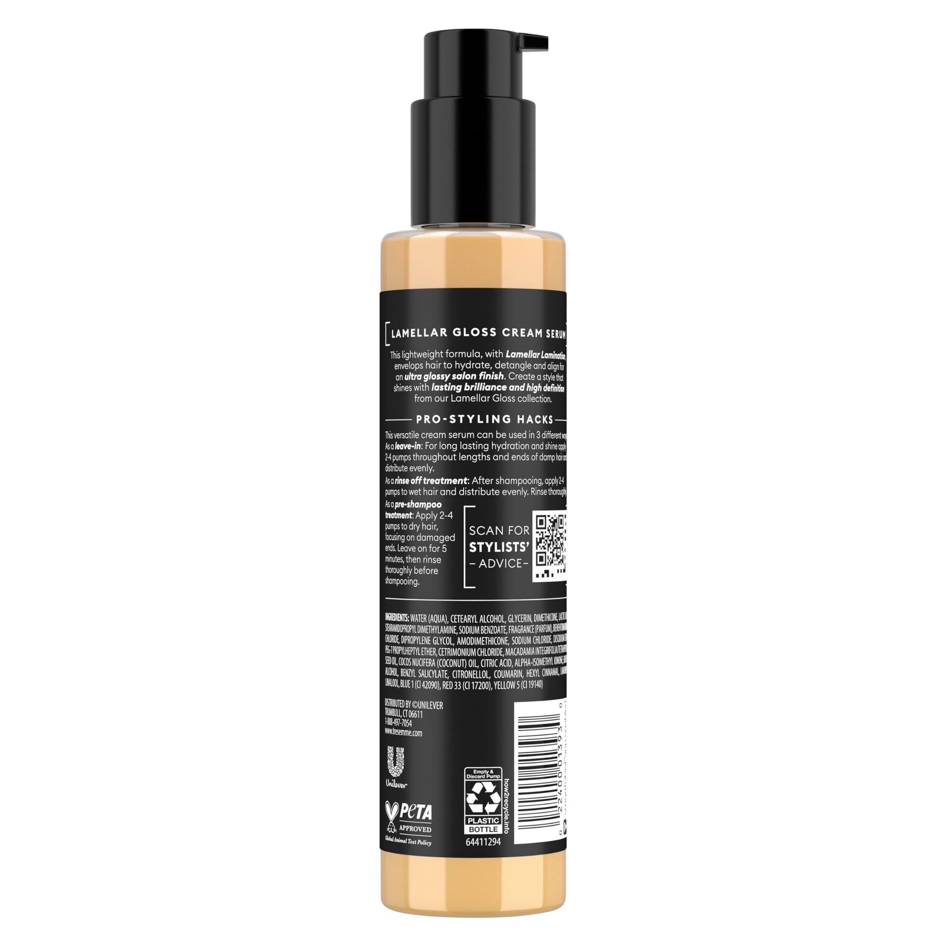 Tresemme hair serum bottle showcasing salon-finish technology