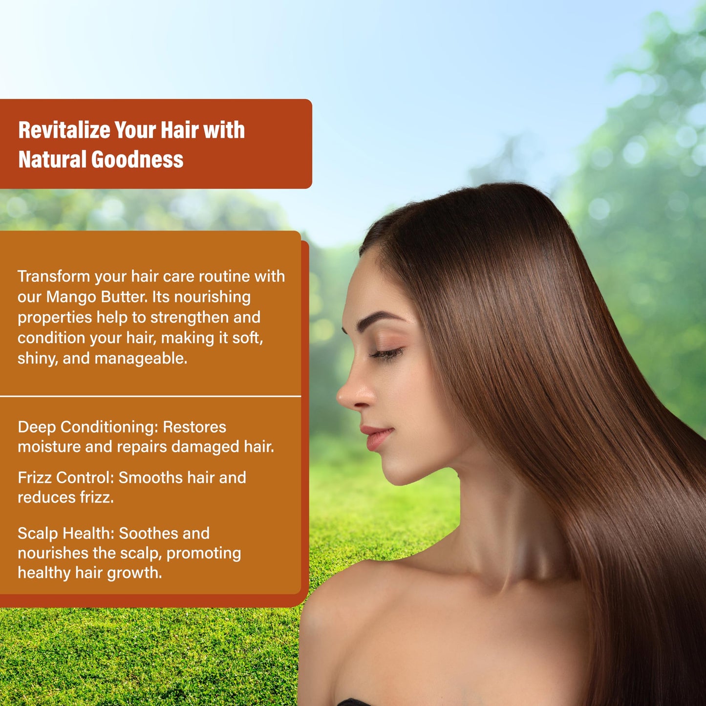 Educational graphic showing mango butter uses for hair and skin.