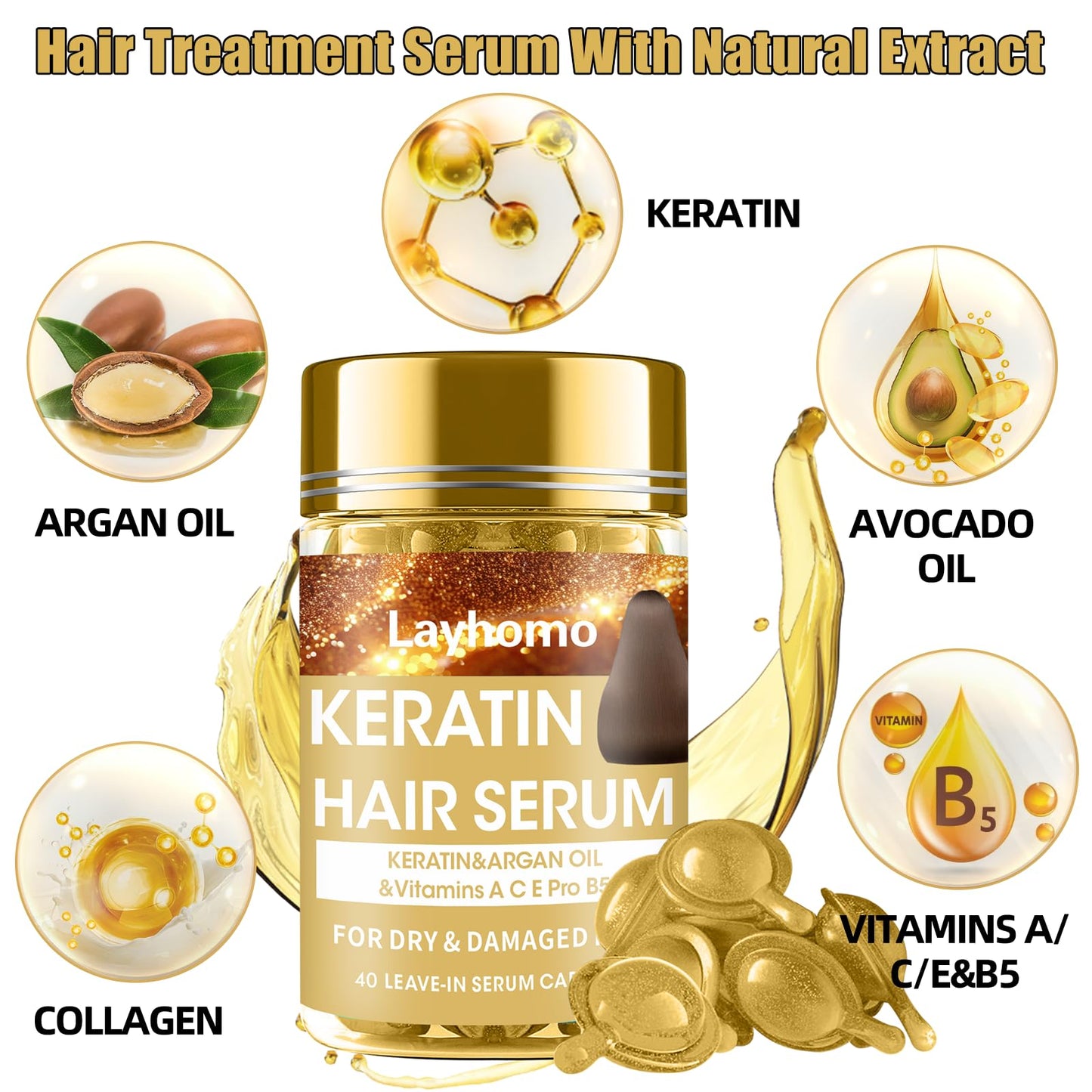Close up of a single twisted Layhomo hair oil capsule dispensing keratin and argan oil serum.