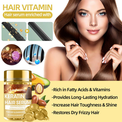 Side view of Layhomo packaging detailing the vitamin rich leave in formula for all hair types.