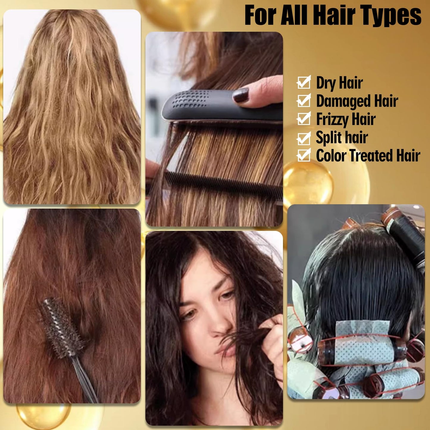 Before and after visual representation of frizz reduction using Layhomo keratin hair serum.