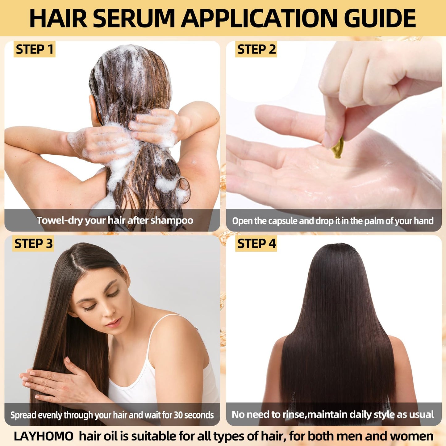 Infographic displaying the key active ingredients of Layhomo serum including avocado oil and vitamins.