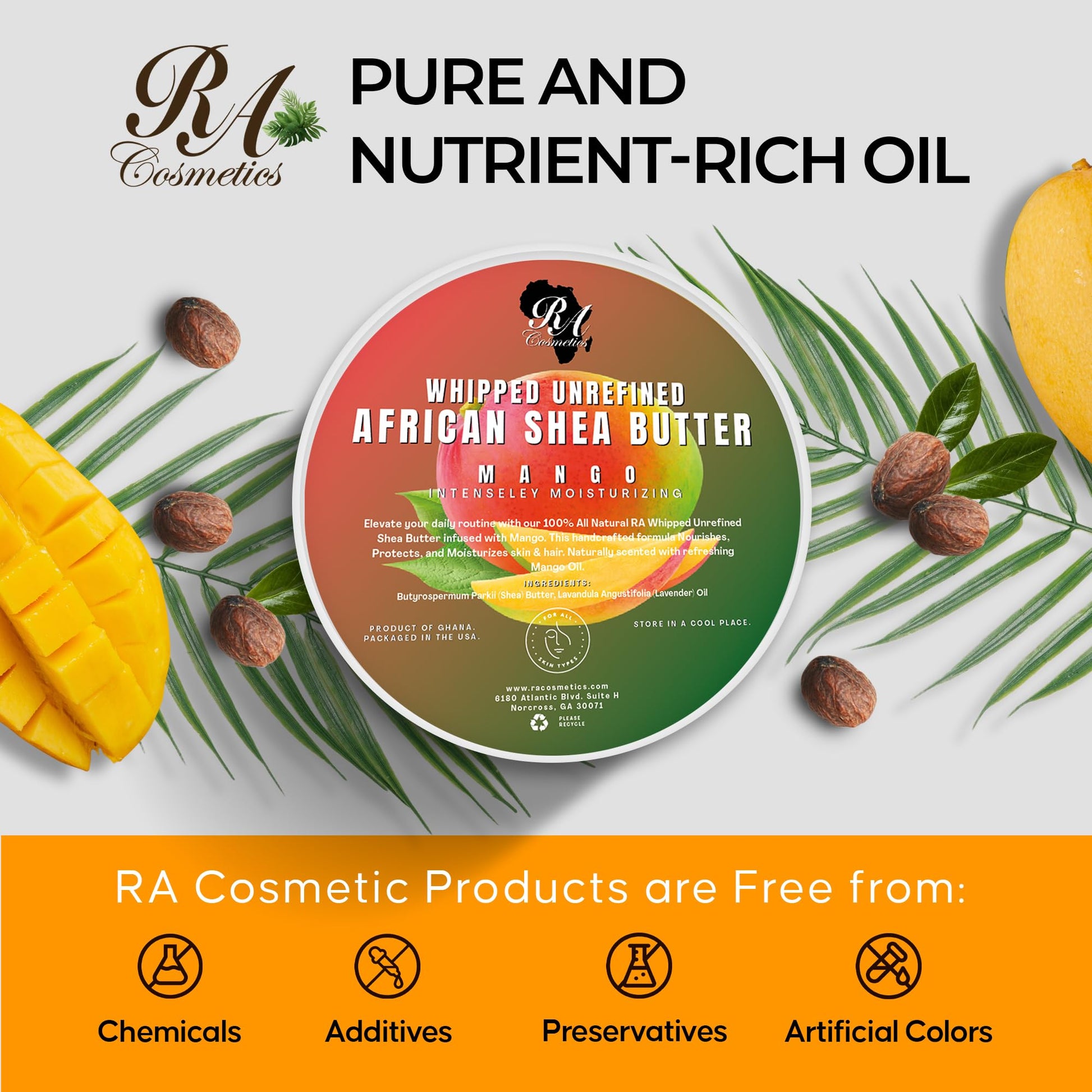 Natural shea and mango butter ingredients showcase