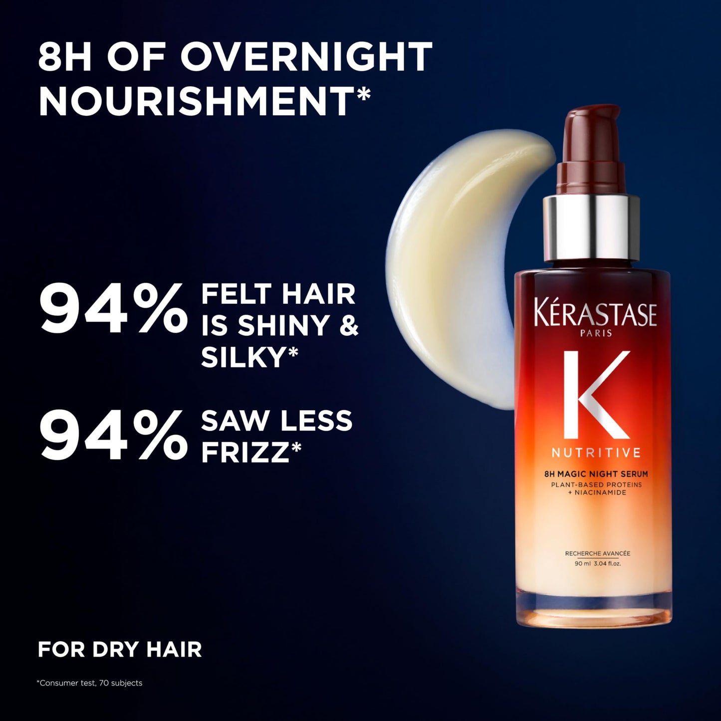Authentic USA imported Kérastase night serum bottle highlighting the key ingredients list on the back.