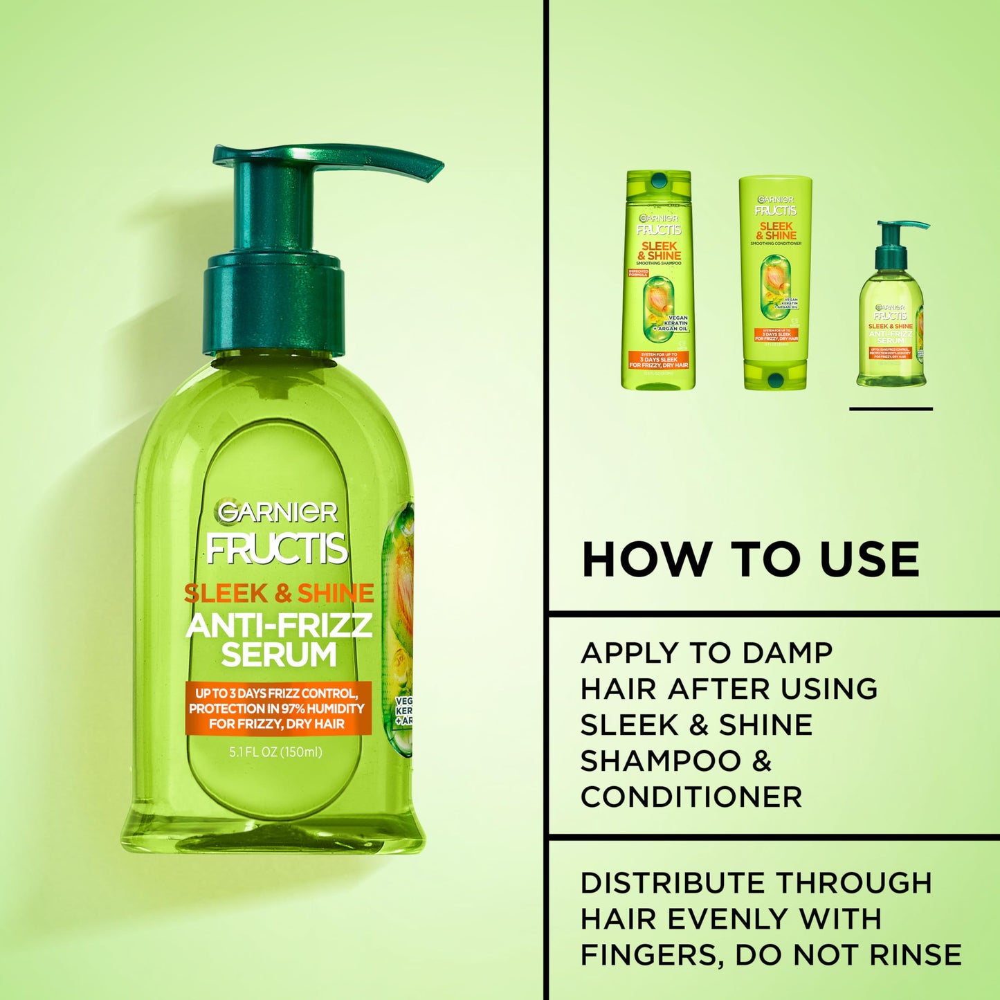 Garnier Fructis Sleek and Shine hair serum bottle standing upright on a minimalist counter