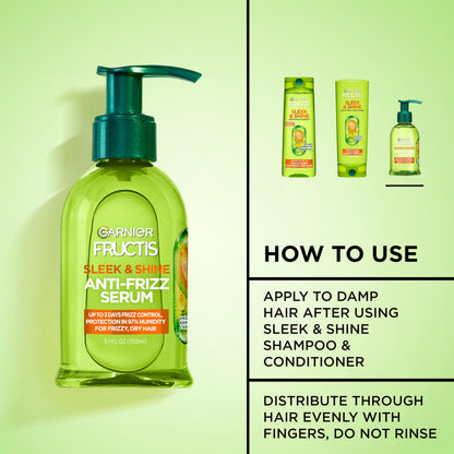 Garnier Fructis Sleek and Shine hair serum bottle standing upright on a minimalist counter