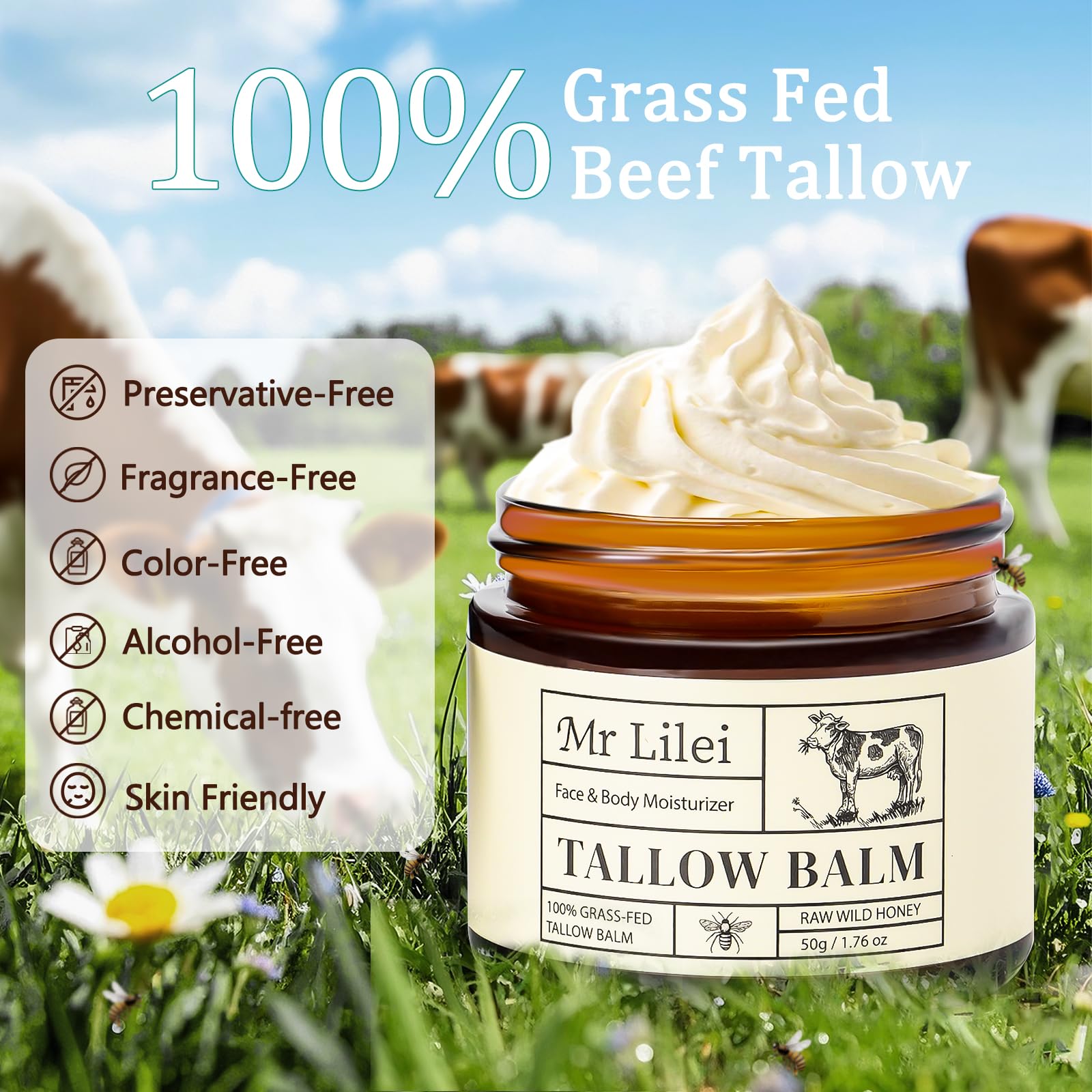 Lilei Beauty beef tallow balm ingredients label and packaging