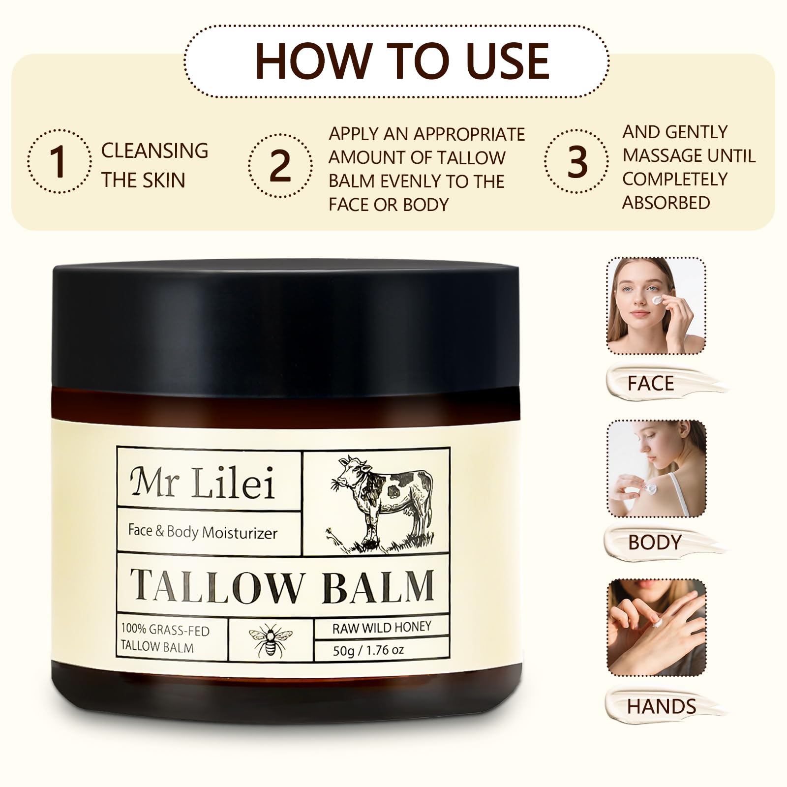 Lilei Beauty beef tallow balm for dry sensitive skin application