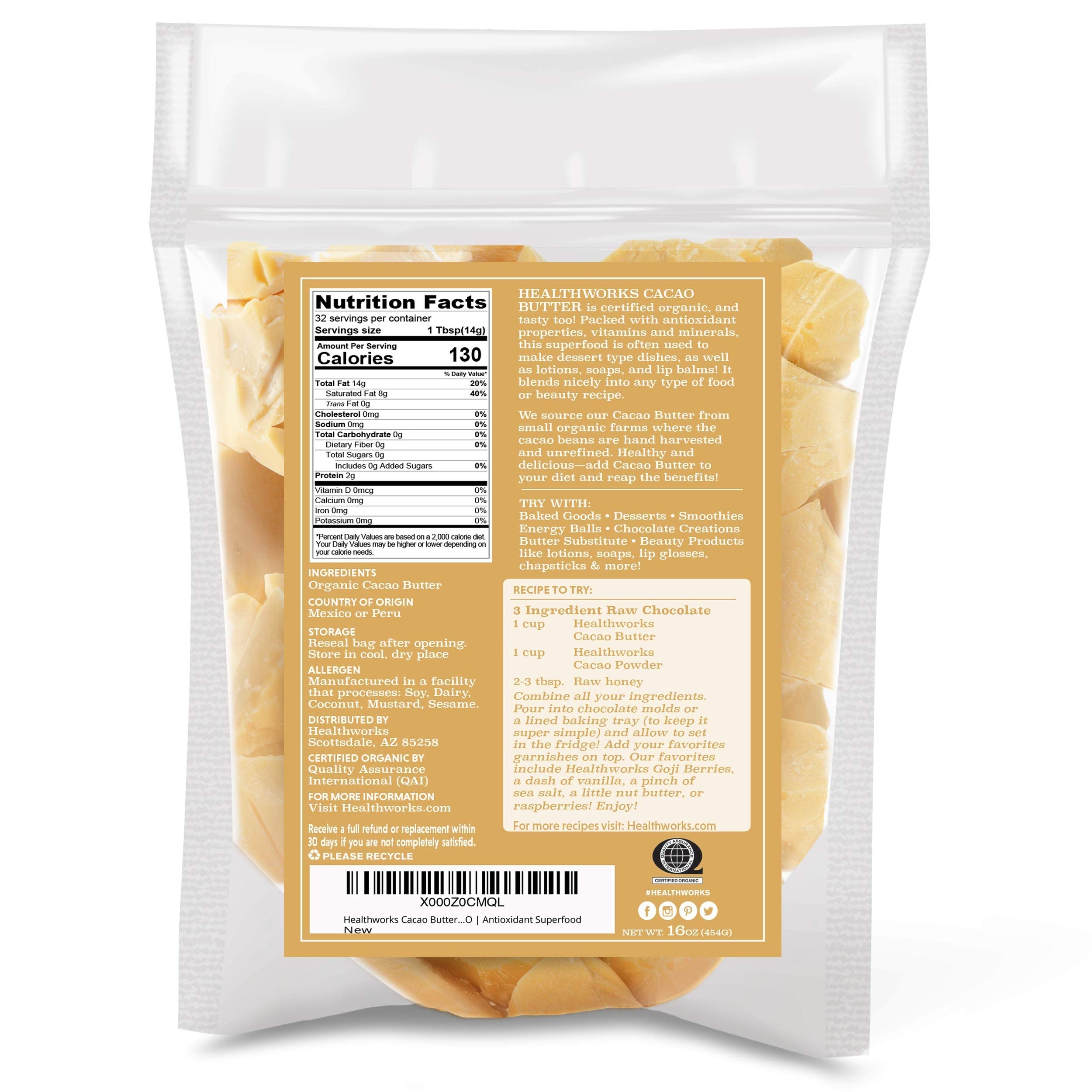 Healthworks raw organic cacao butter packaging detail
