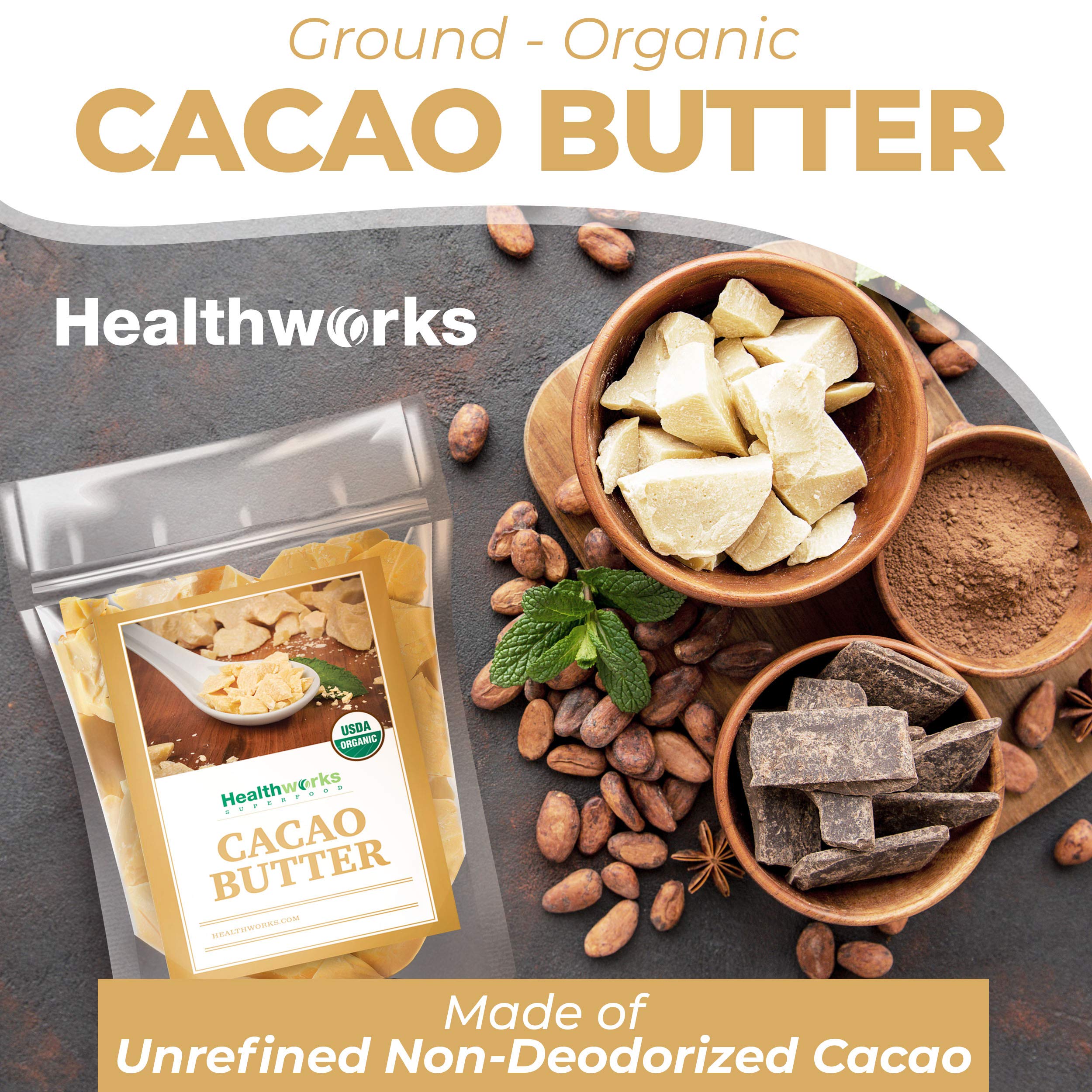 Close up of Healthworks unrefined cacao butter texture