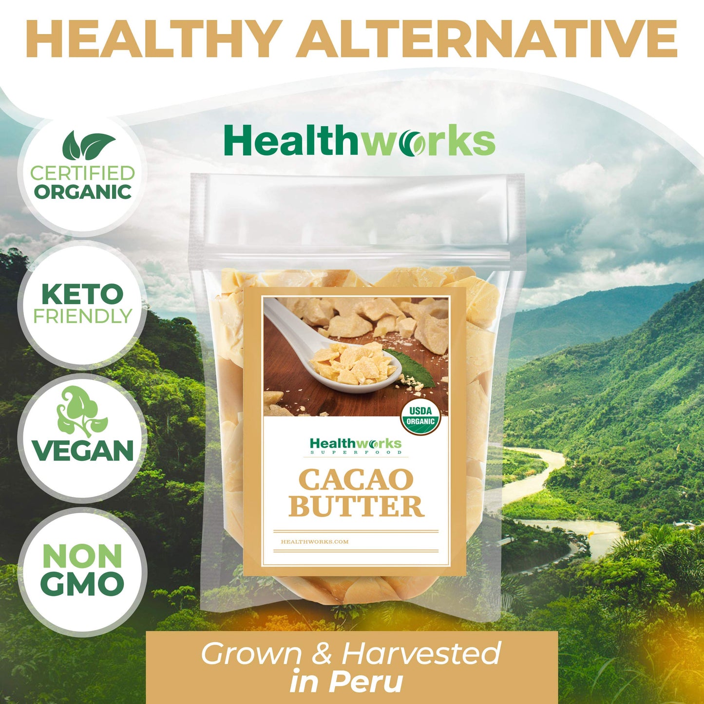 Authentic Healthworks Peruvian cacao butter label