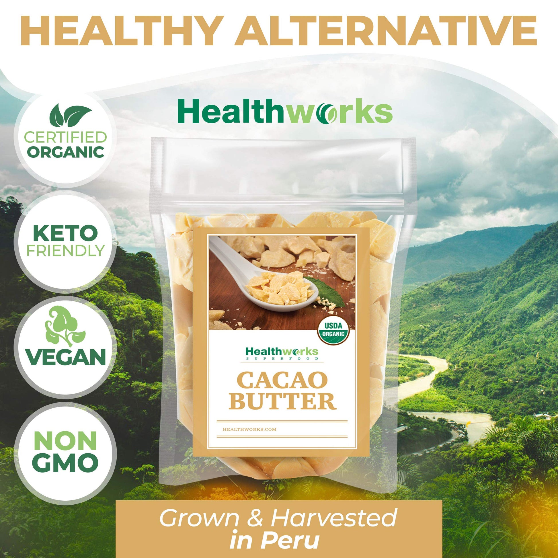 Authentic Healthworks Peruvian cacao butter label