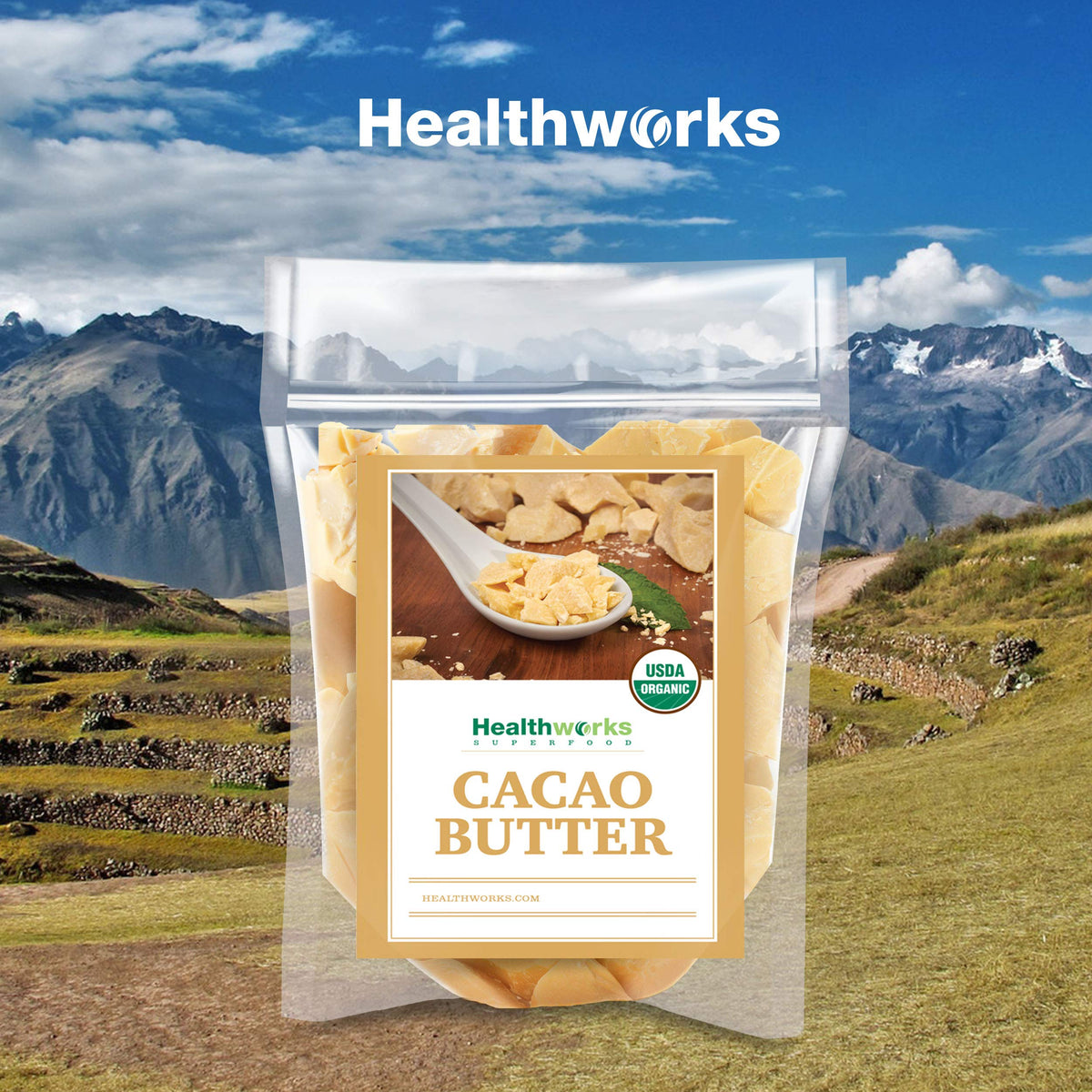 Healthworks organic cacao butter 16 Ounce package lifestyle setting