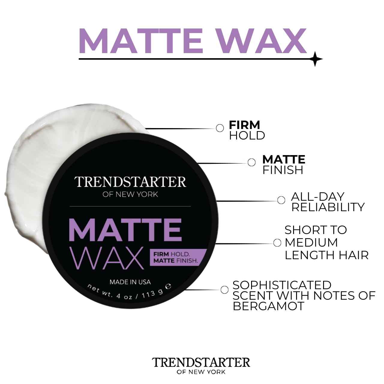 Flake free matte hair wax by TRENDSTARTER showing authentic product packaging