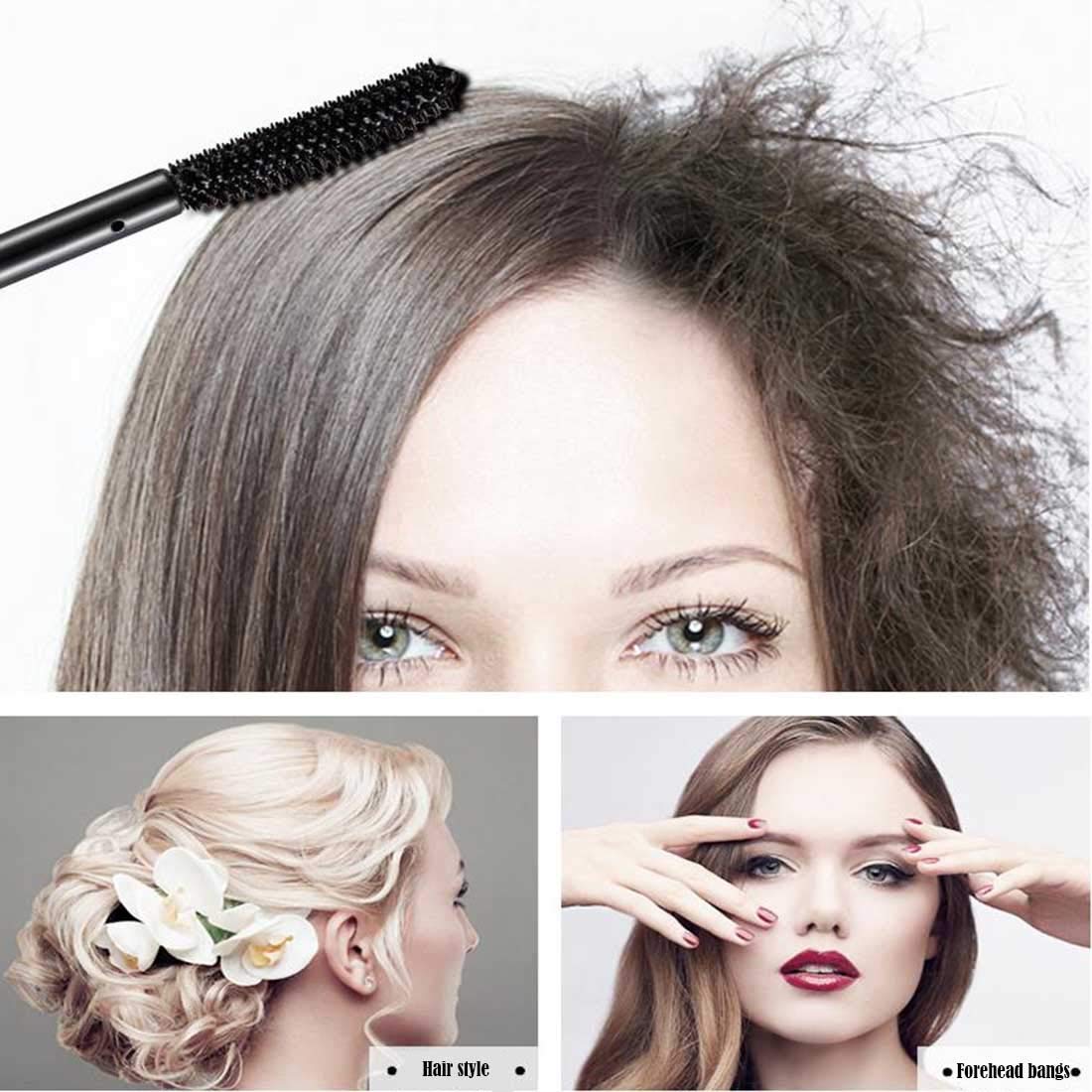 DMLNN clear hair styling wax stick being applied to smooth stray broken hairs on a sleek look.