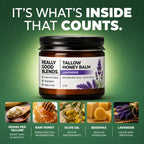 Really Good Blends organic body butter jar with lavender sprigs
