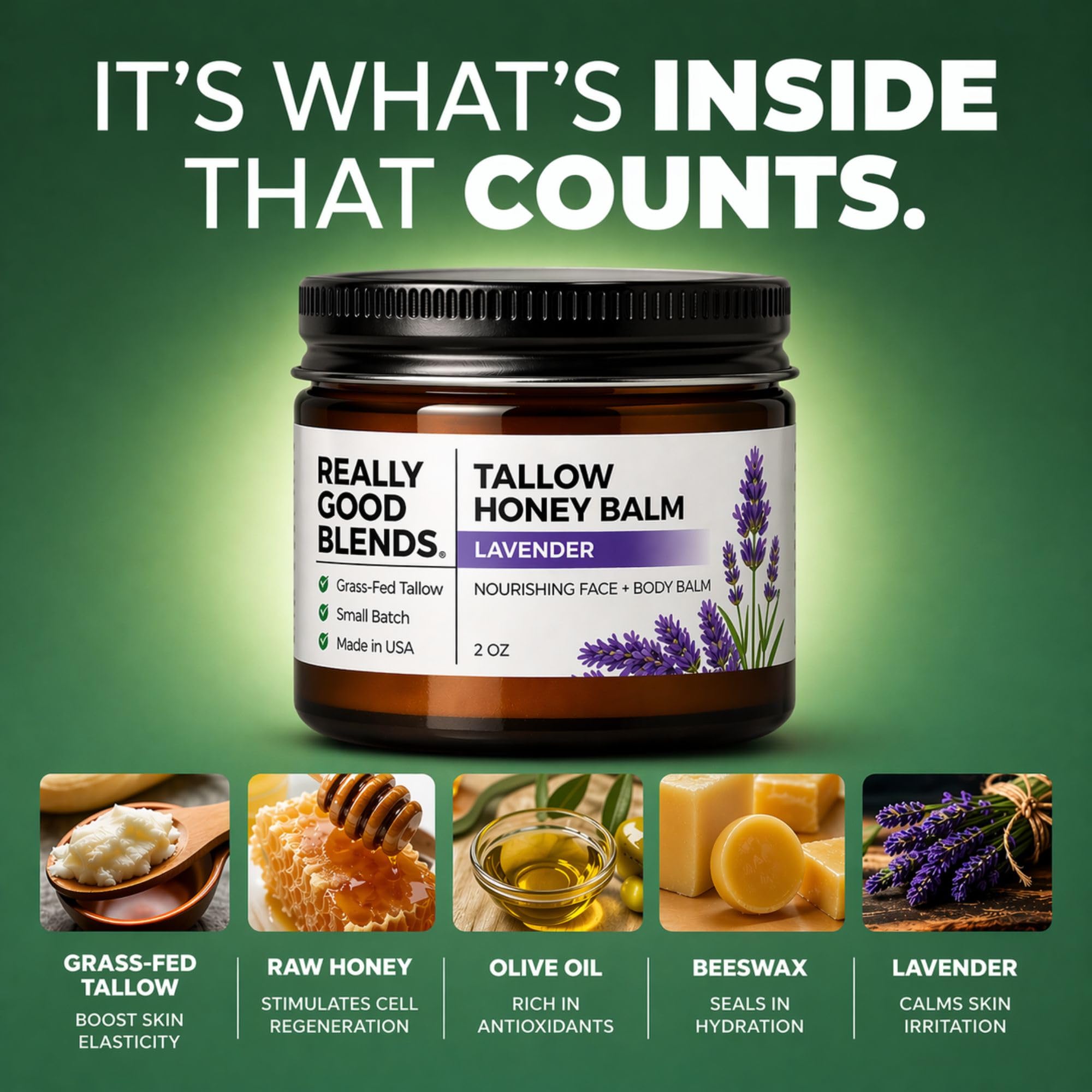 Natural ingredients in Really Good Blends tallow moisturizer