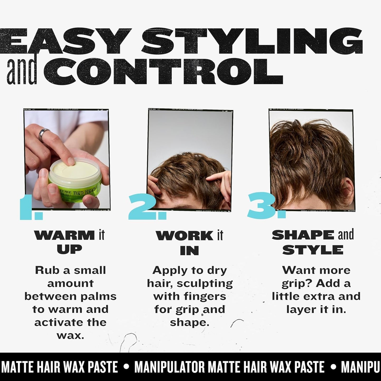 TIGI Bed Head Manipulator Matte Hair Wax jar angled view on premium lifestyle background