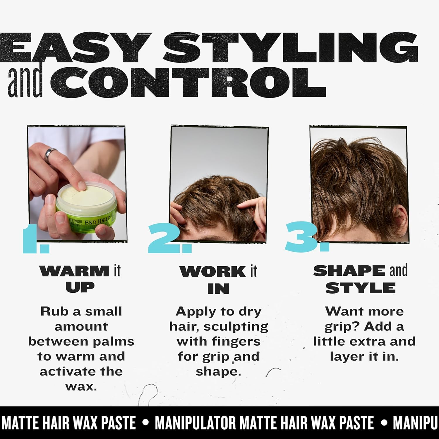 TIGI Bed Head Manipulator Matte Hair Wax jar angled view on premium lifestyle background