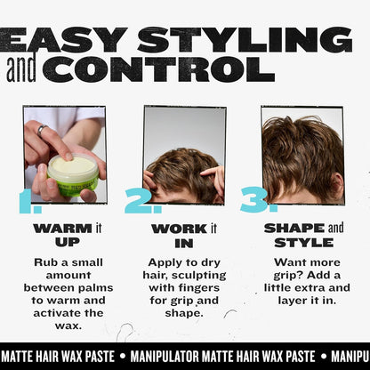 TIGI Bed Head Manipulator Matte Hair Wax jar angled view on premium lifestyle background