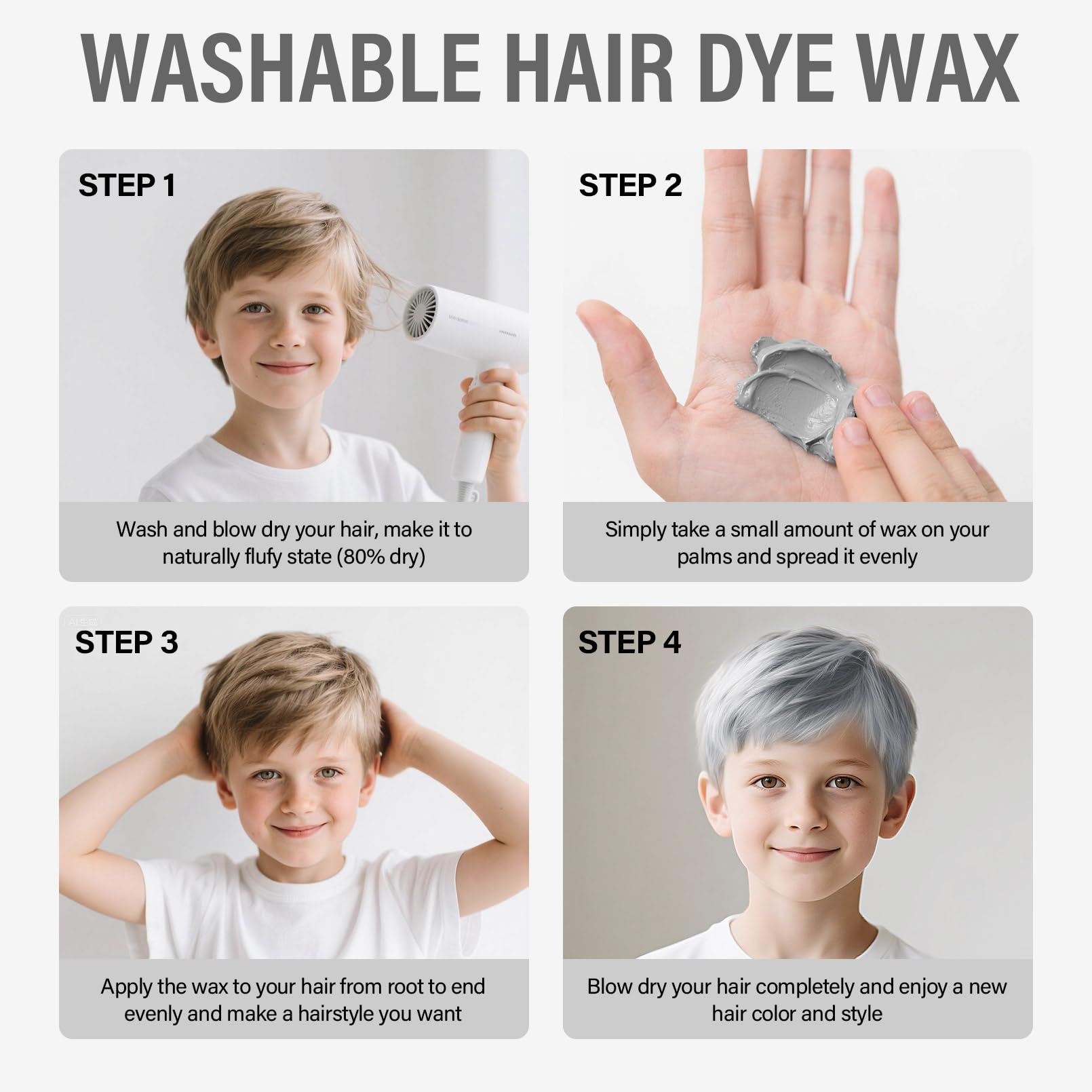 Before and after application of silver hair color wax
