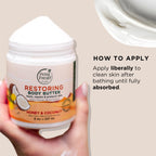Brand logo and product name on Petal Fresh restoring body butter jar