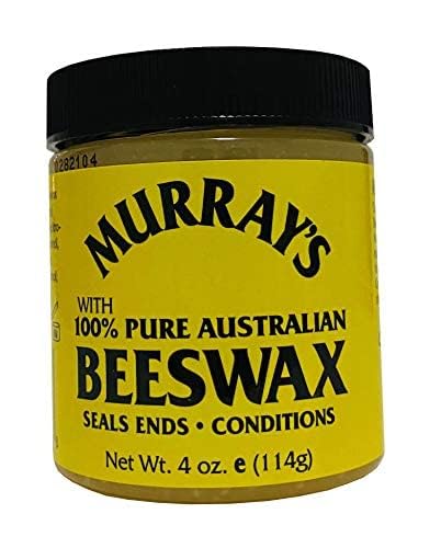 Side angle view of the Murray's pure beeswax container highlighting the premium styling wax texture and usage benefits.
