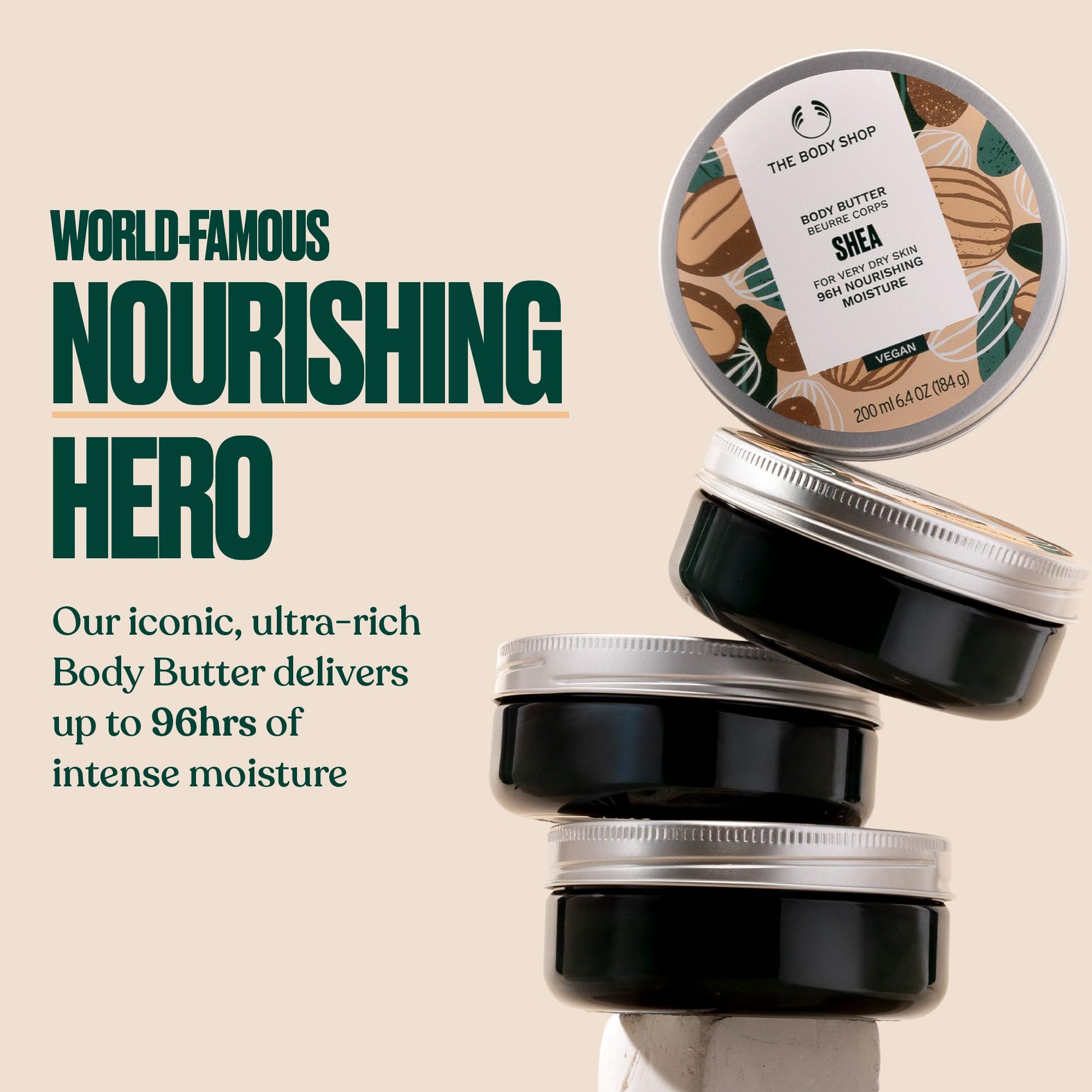 Open jar of The Body Shop shea body butter showing rich texture