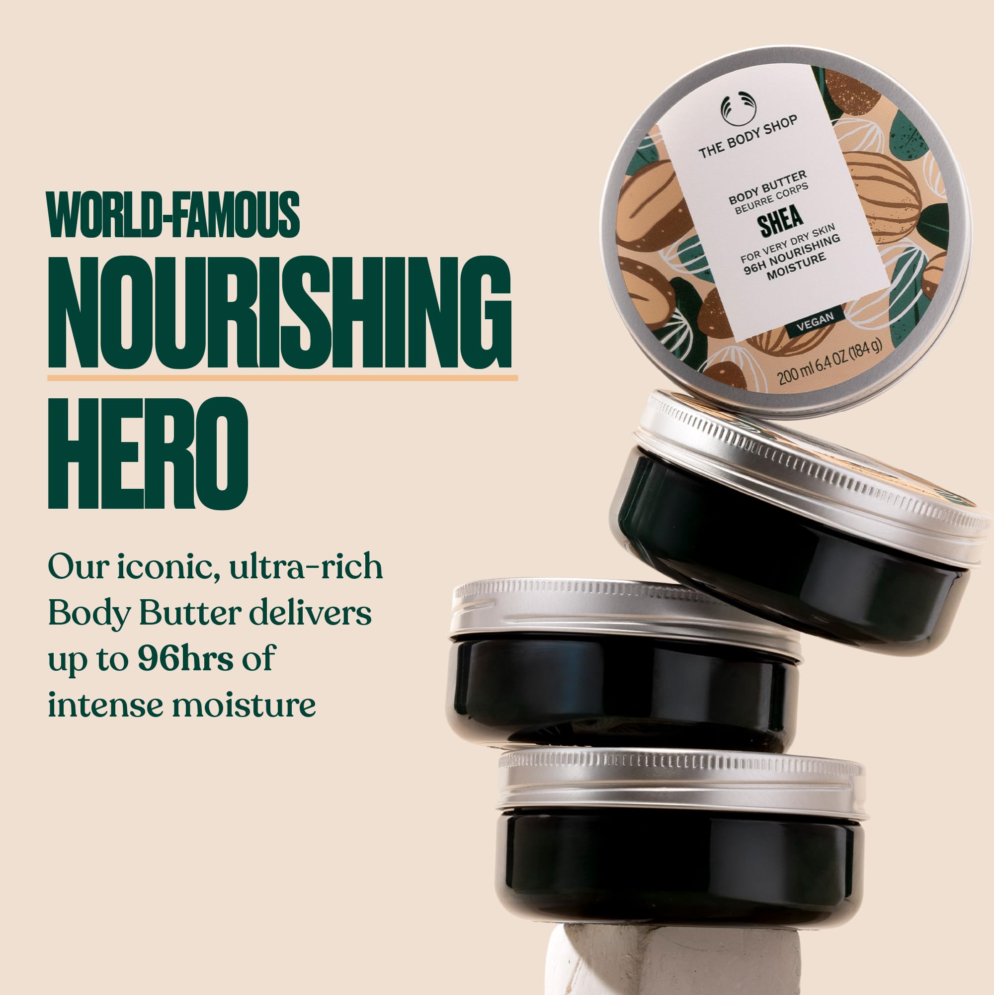 Open jar of The Body Shop shea body butter showing rich texture