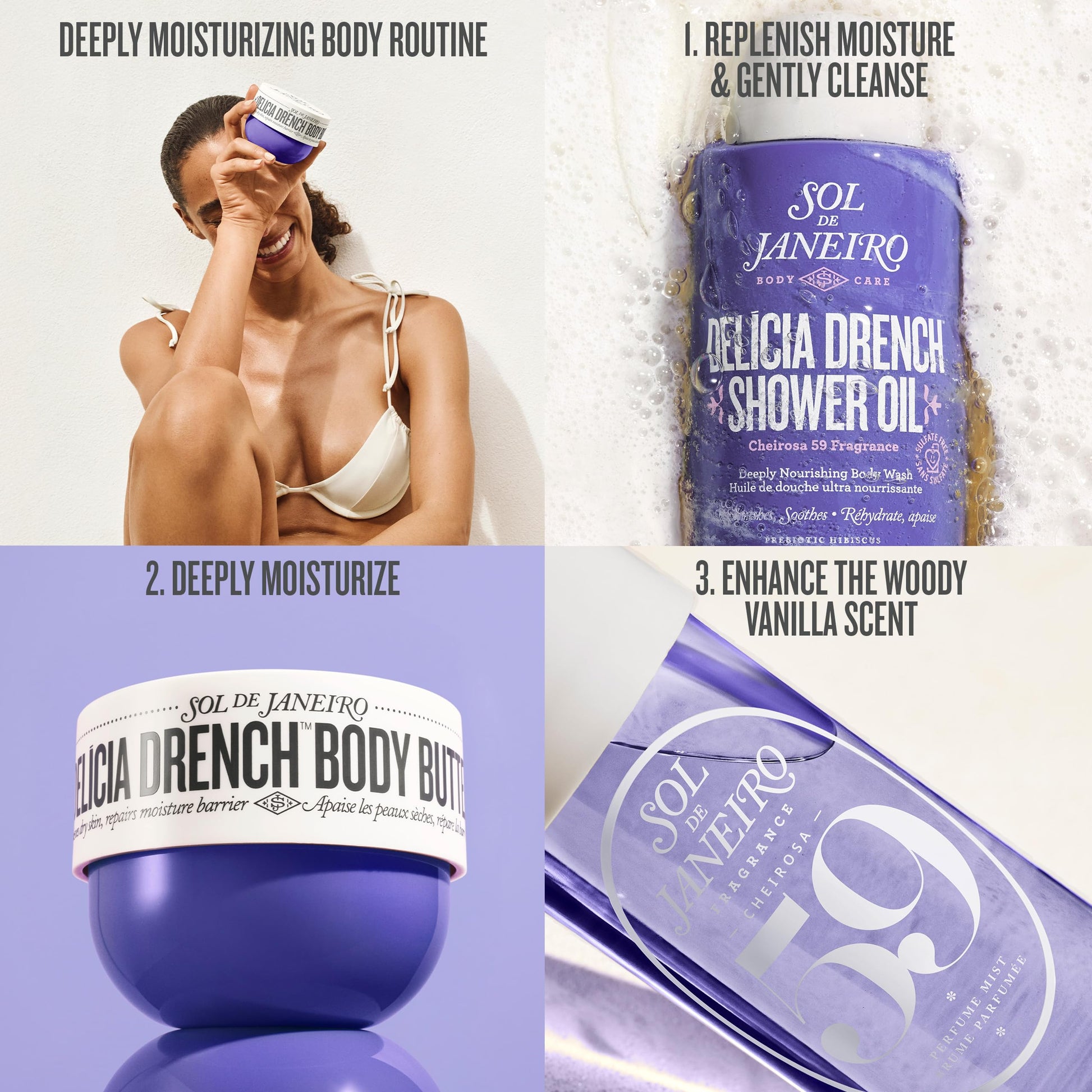 Lifestyle shot of Sol De Janeiro Delicia Drench Body Butter application