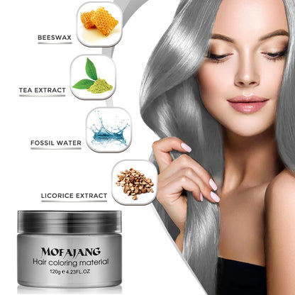 Model showcasing the vibrant silver gray hair dye wax results with an all-day hold hairstyle.