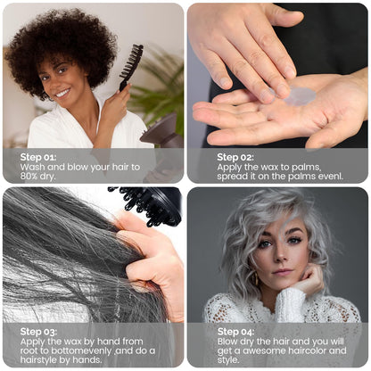 Texture demonstration of the washable disposable gray hair wax being applied to hair strands.