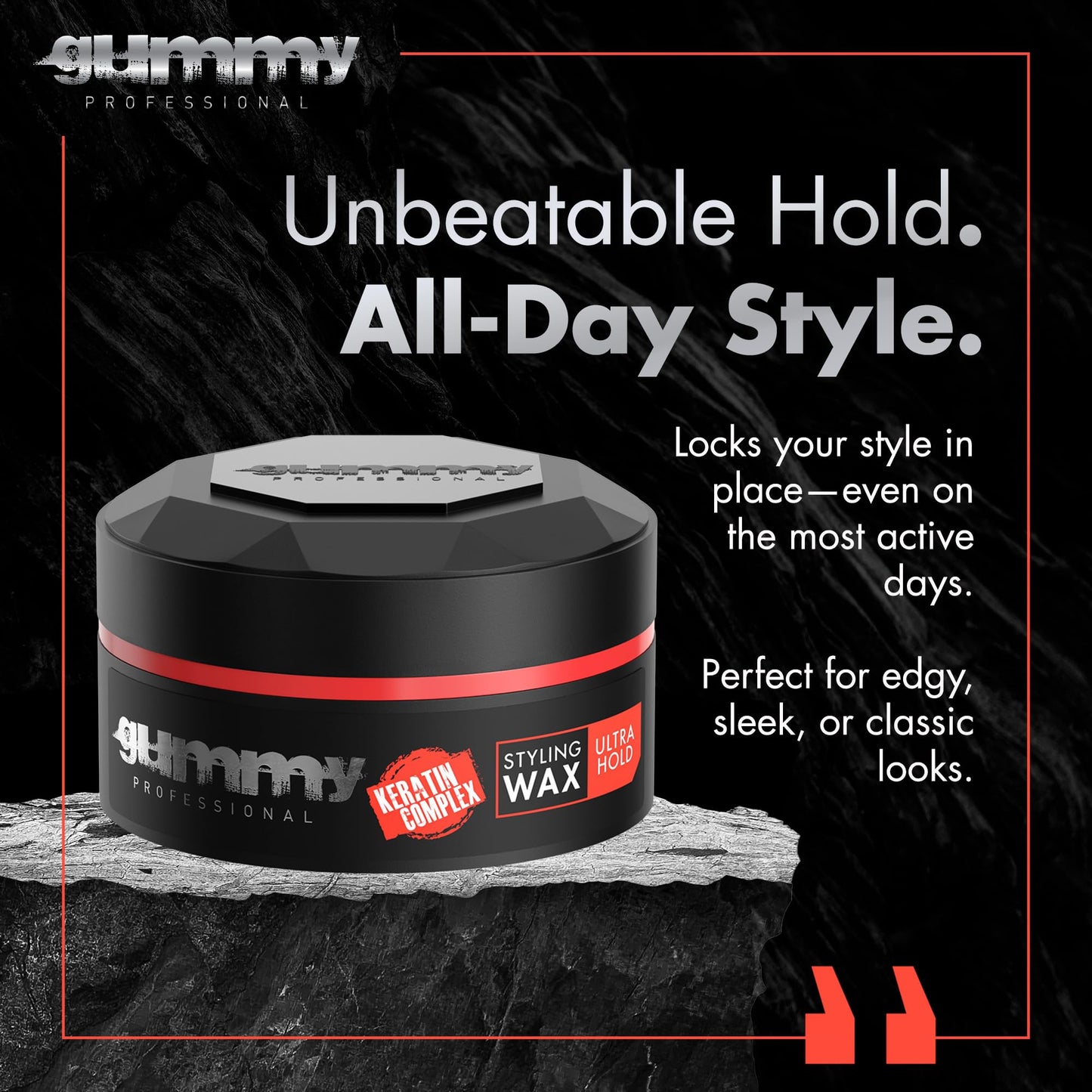 Gummy red styling wax container with keratin complex open lid view