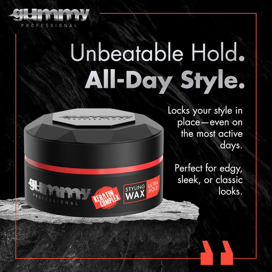 Gummy red styling wax container with keratin complex open lid view