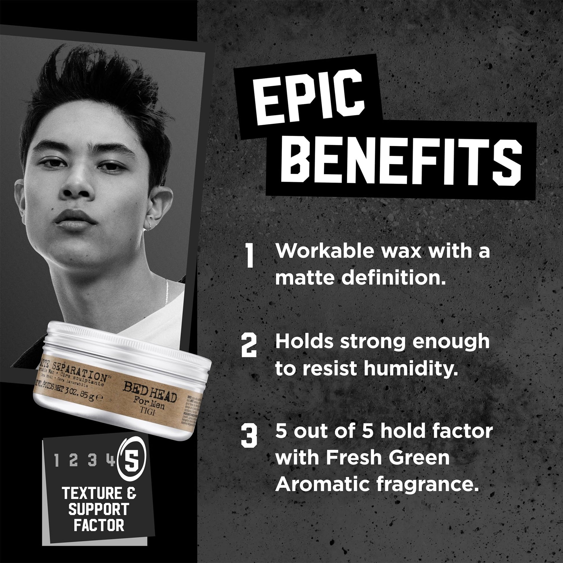 Premium strong hold matte hair wax by TIGI Bed Head showing the packaging details.
