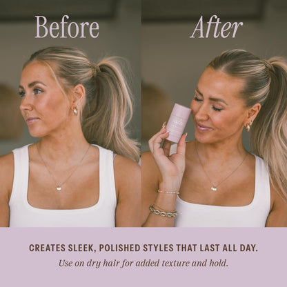 Woman using Salée Hair Wax Stick for sleek ponytail